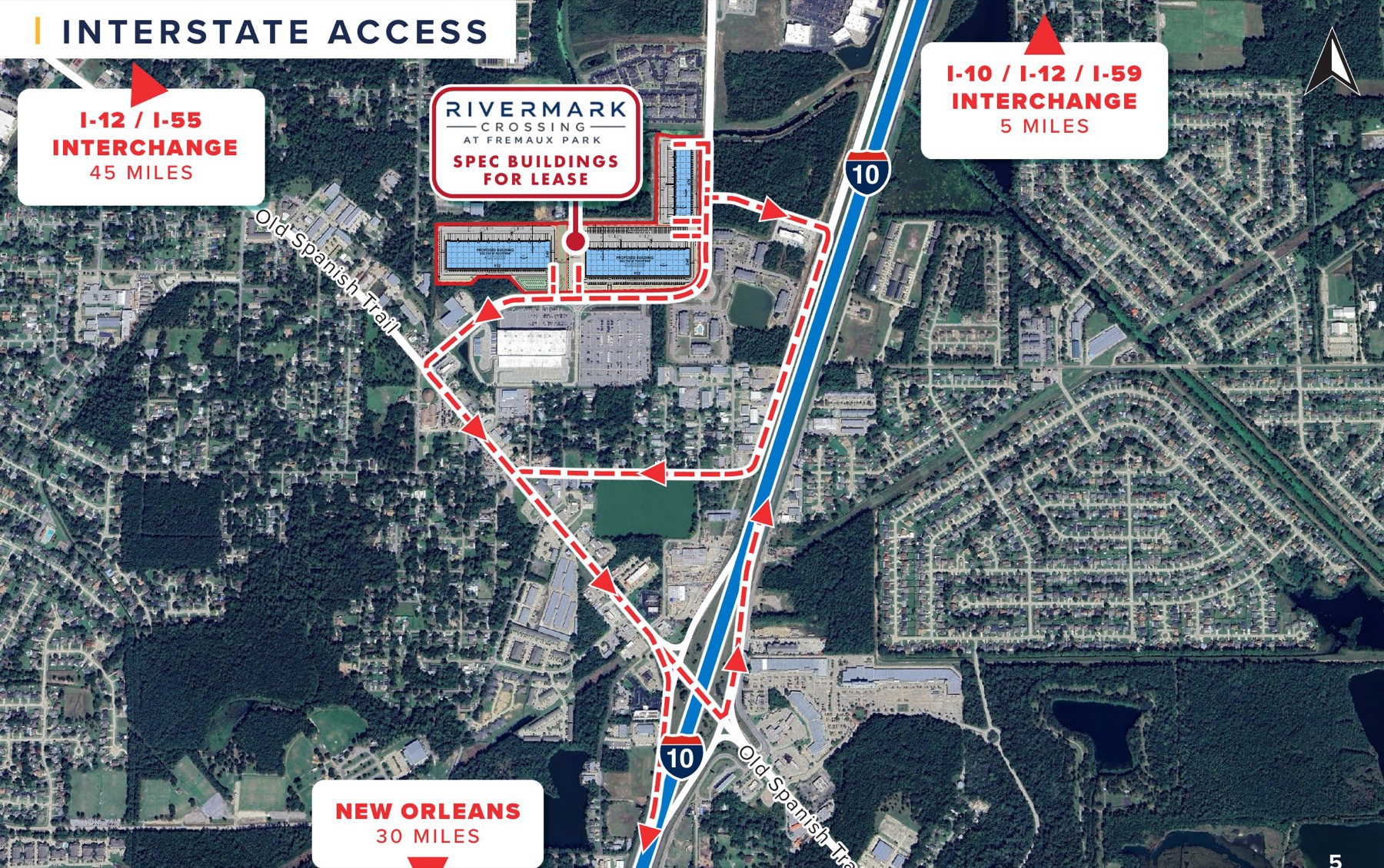 Interstate access map: 5 miles to the I-10 / I-12 / I-59 interchange, 45 miles to the I-12 / I-55 interchange, 30 miles to New Orleans