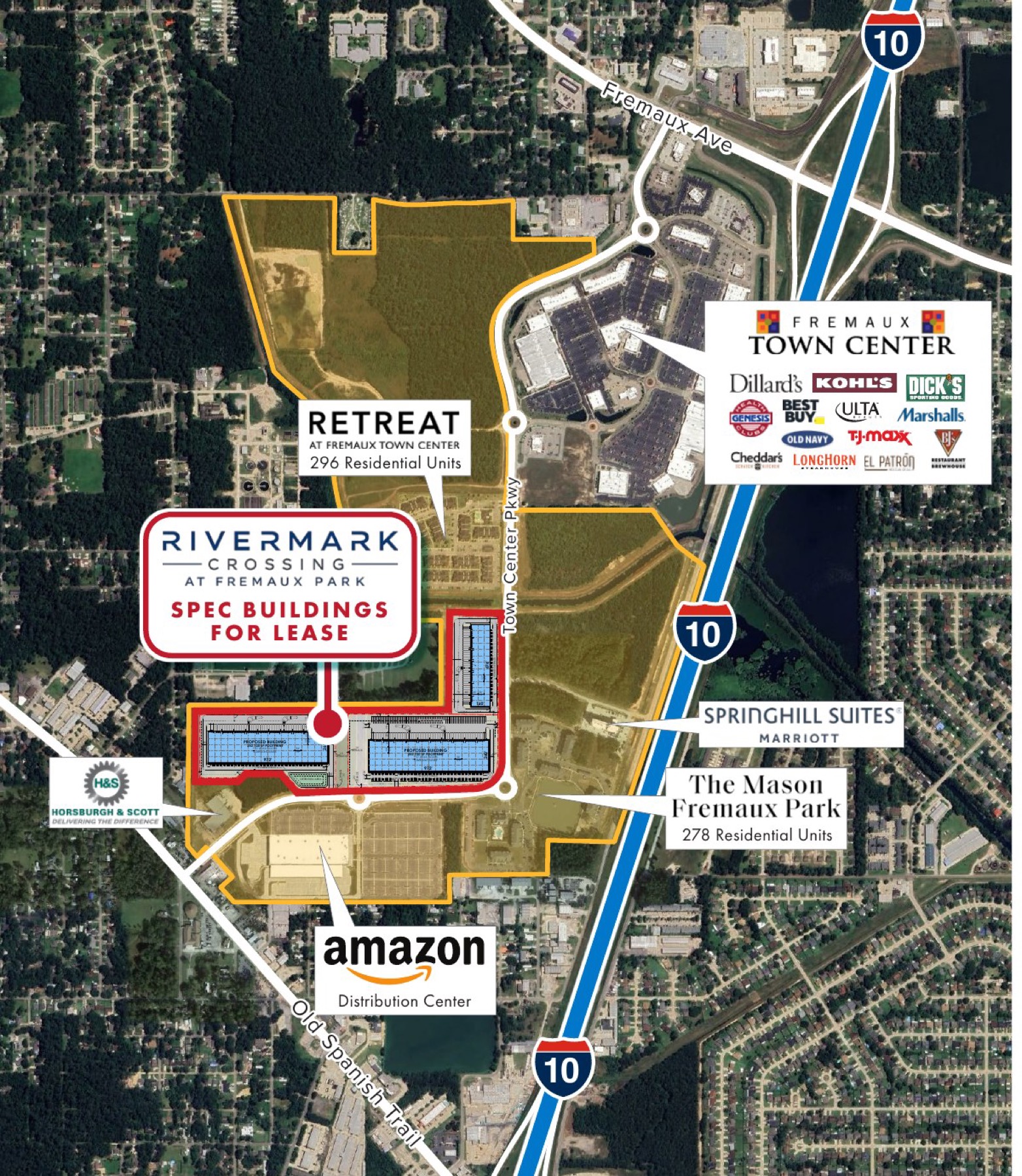 Fremaux Park map: Rivermark Crossing spec buildings, Retreat at Fremaux Town Center (296 units), The Mason Fremaux Park (278 units), Springhill Suites, Fremaux Town Center retail and the Amazon Distribution Center along Town Center Parkway and I-10