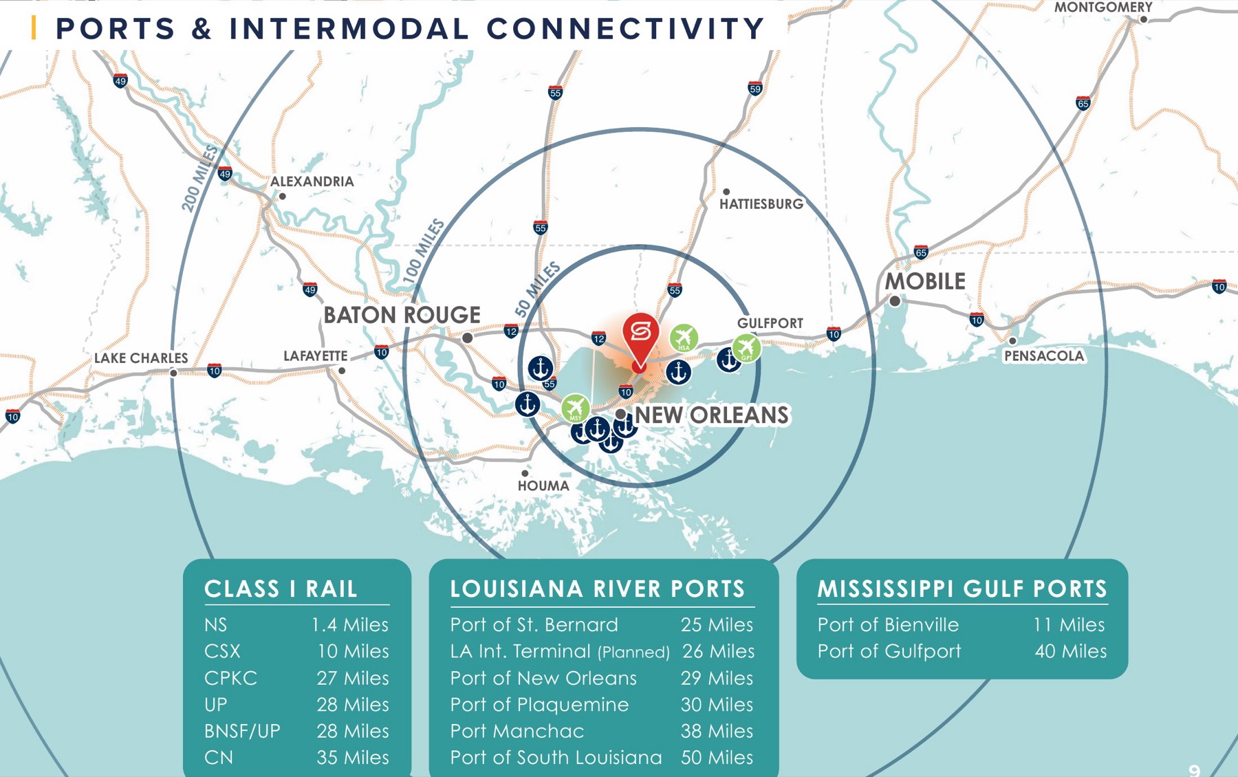 Ports and intermodal connectivity map with 50, 100 and 200 mile rings around Slidell