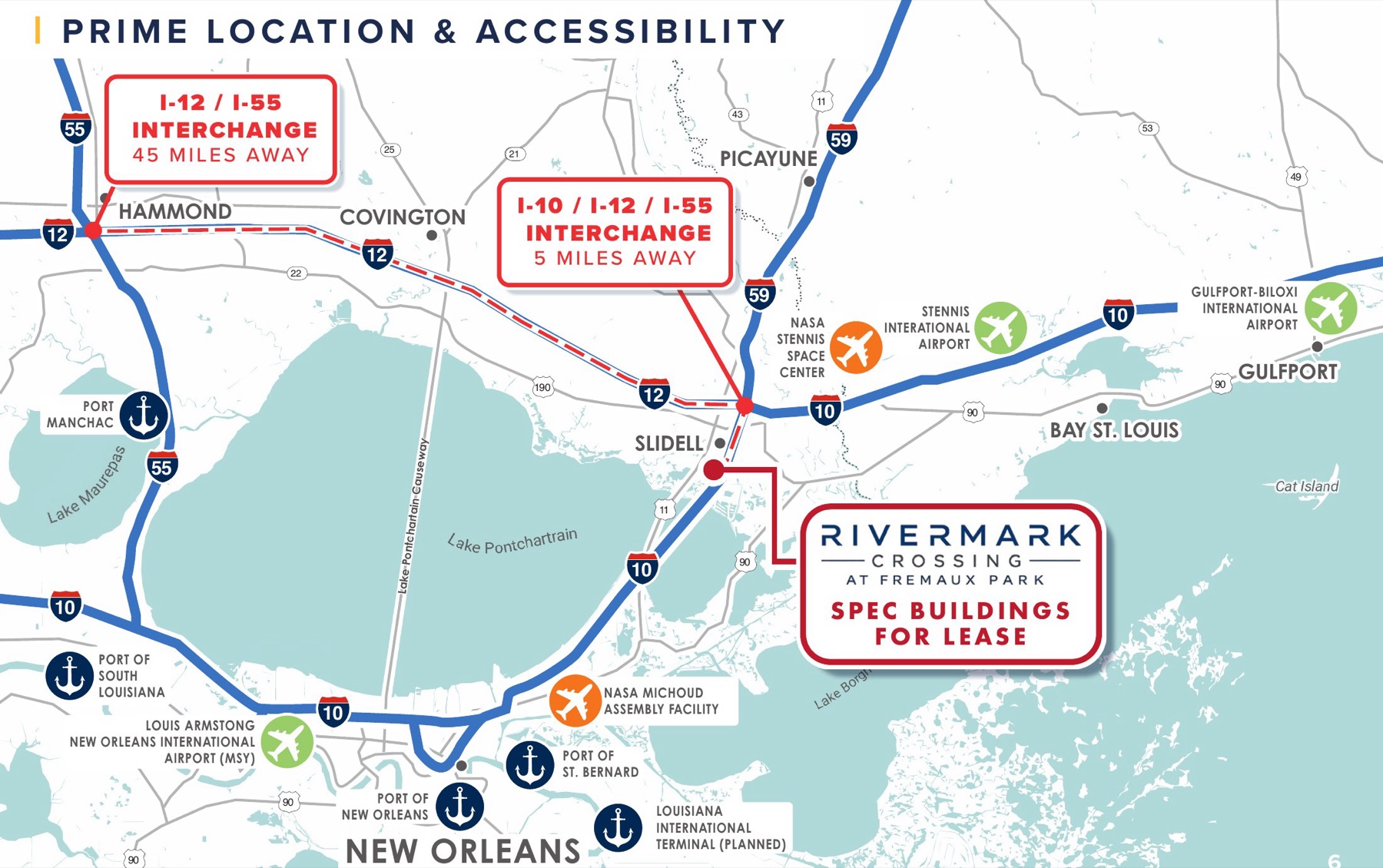 Regional map of southeast Louisiana and the Mississippi Gulf Coast showing Rivermark Crossing in Slidell relative to I-10, I-12, I-55, I-59, ports, airports and NASA Stennis and Michoud