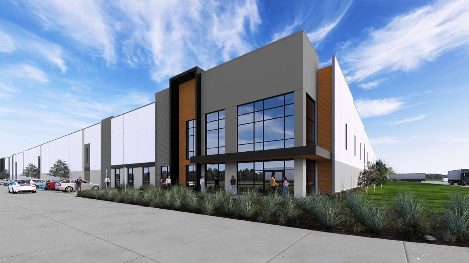 Rendering of the Building 1 office entry — two-storey glass corner with wood-tone and charcoal panels